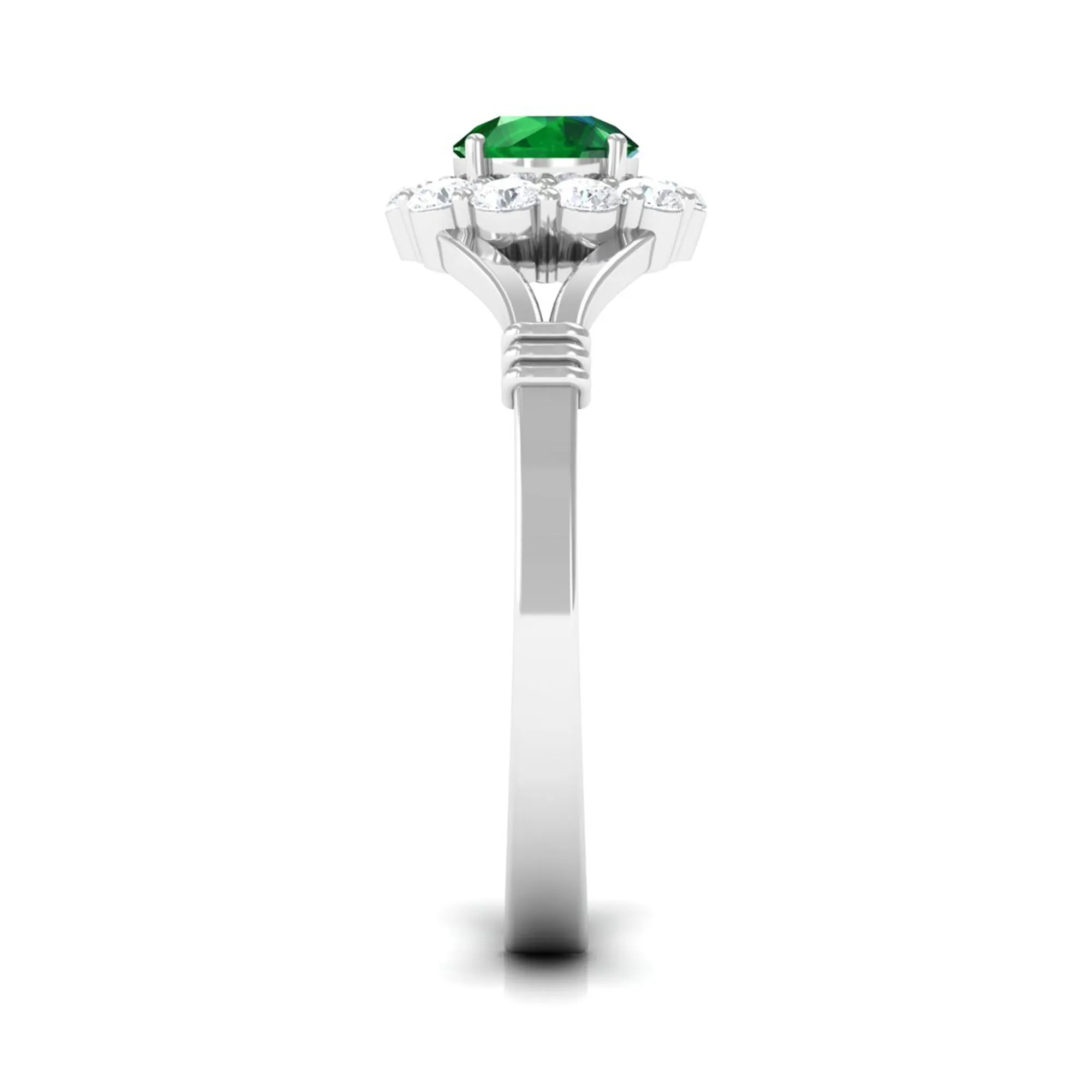 1 CT Round Created Emerald Flower Ring with Diamond Halo in Split Shank