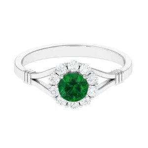 1 CT Round Created Emerald Flower Ring with Diamond Halo in Split Shank