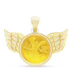 10K Yellow Gold Centenario 50 Pesos Coin Diamond Pendant with Wings