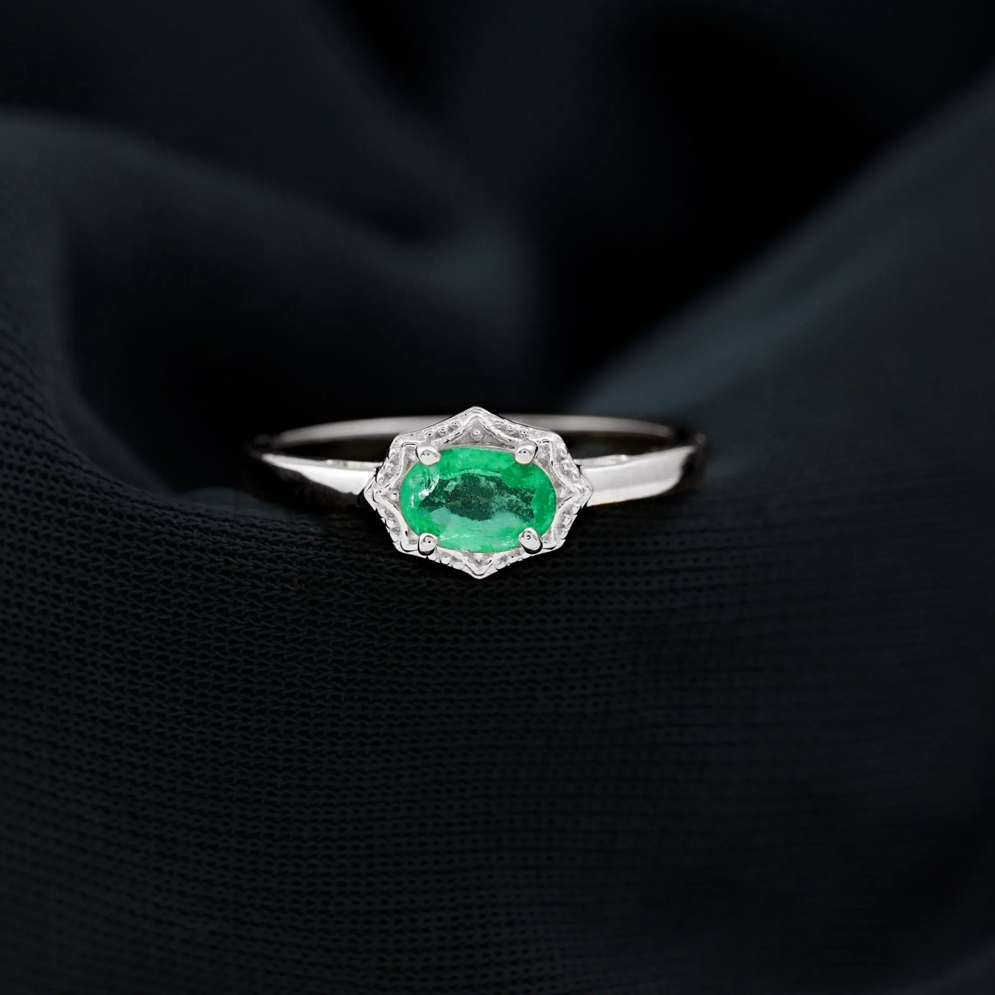 1/2 CT Oval Emerald Solitaire East West Vintage Engagement Ring