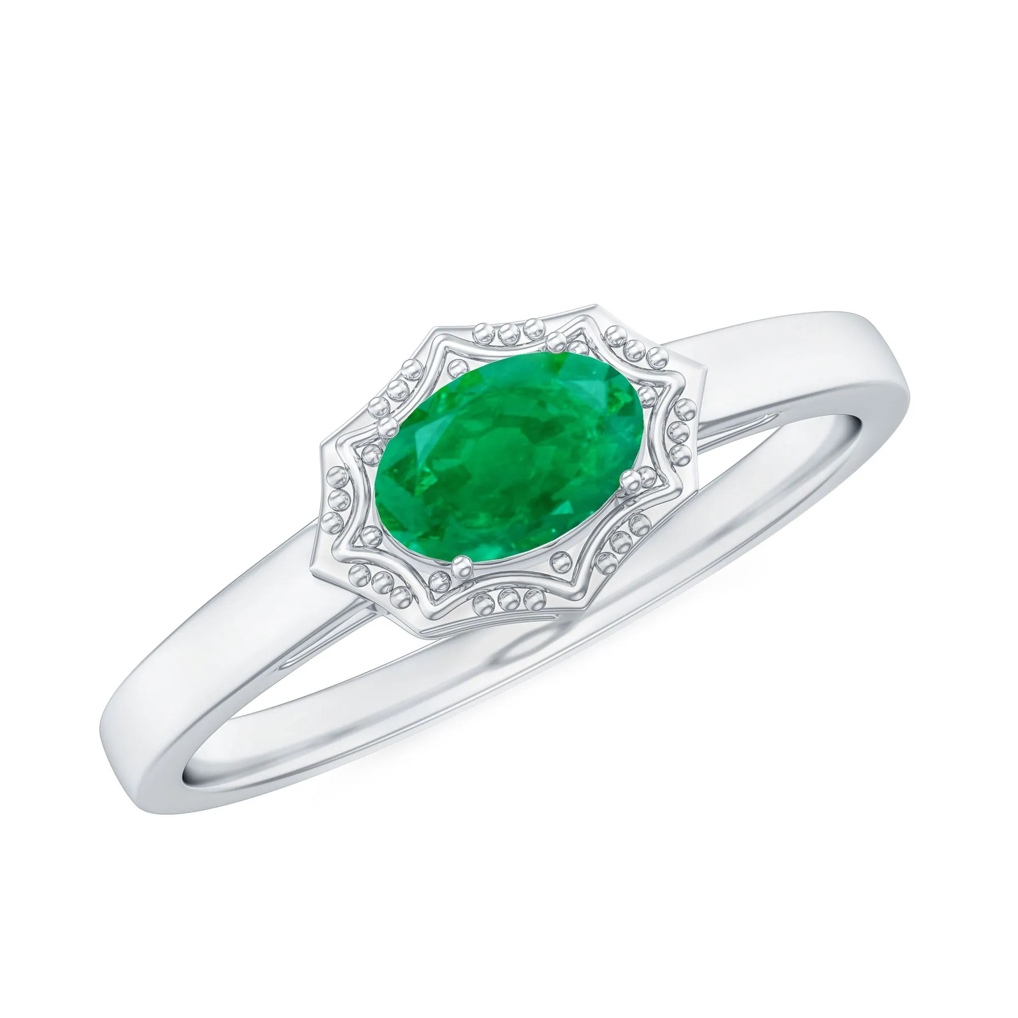 1/2 CT Oval Emerald Solitaire East West Vintage Engagement Ring