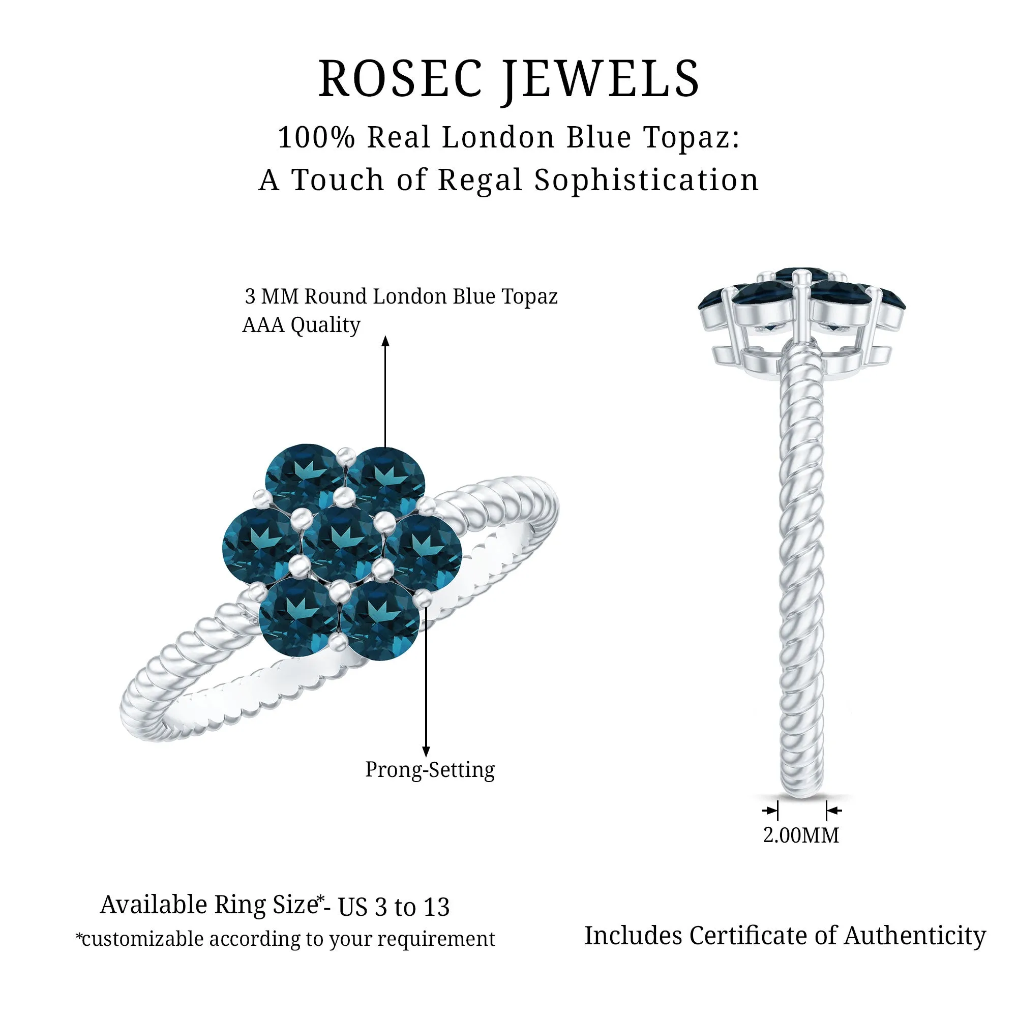 1.25 CT London Blue Topaz Floral Cluster Ring with Twisted Rope Details