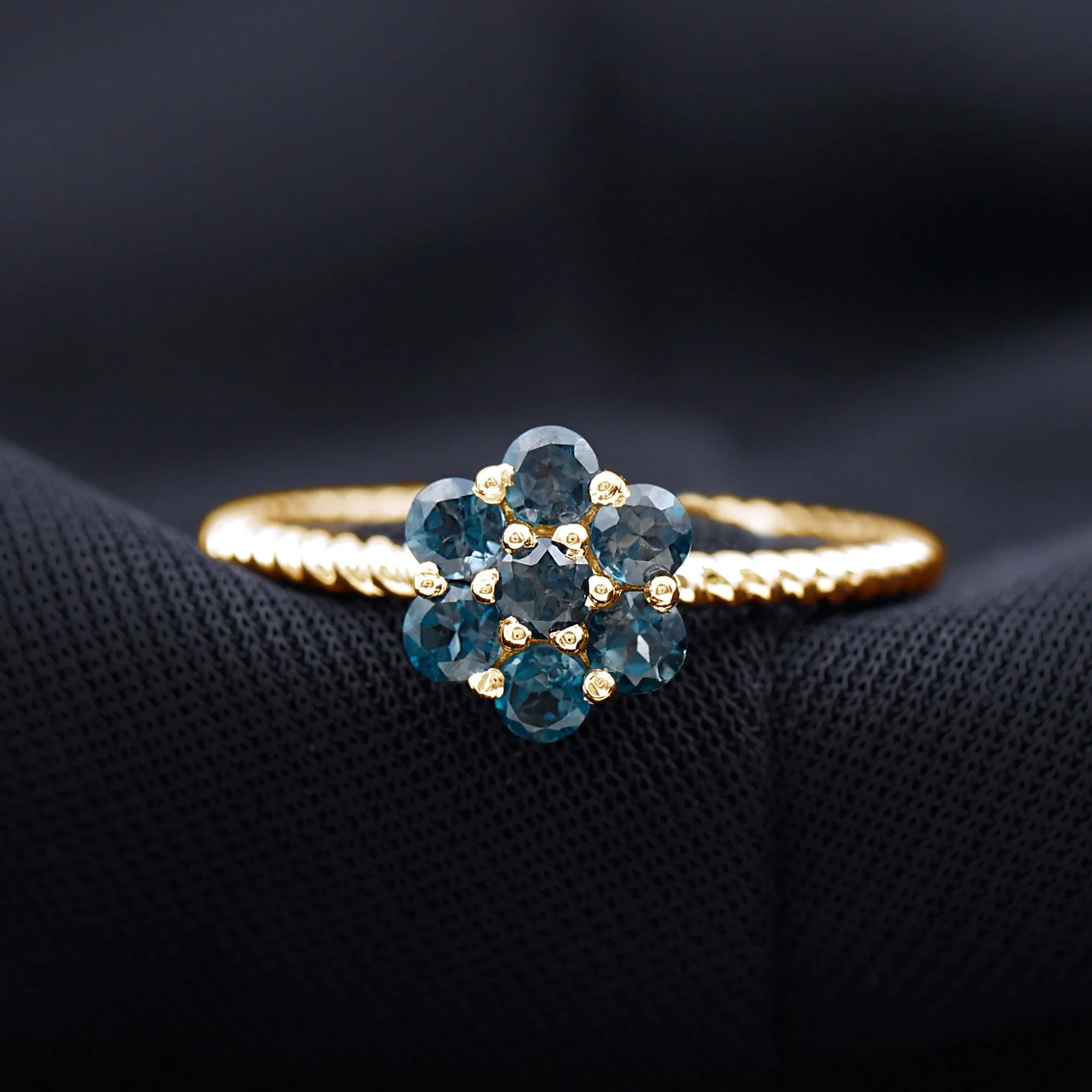 1.25 CT London Blue Topaz Floral Cluster Ring with Twisted Rope Details