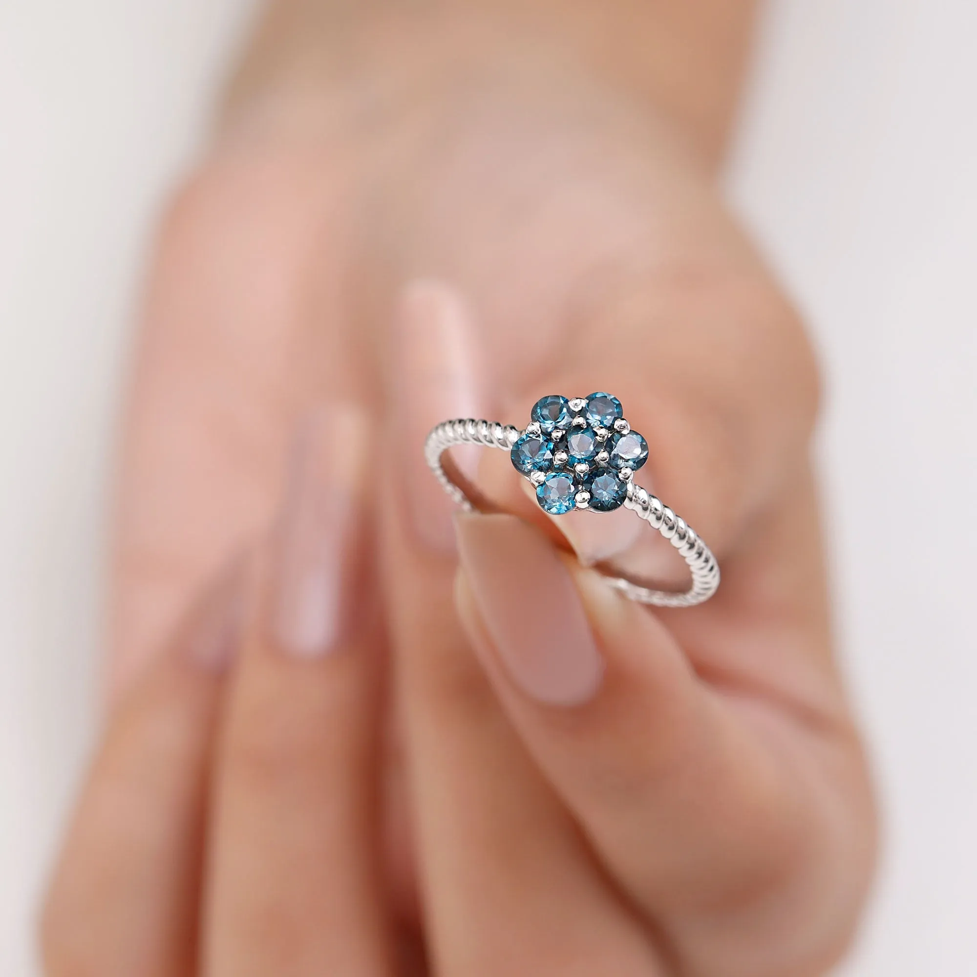 1.25 CT London Blue Topaz Floral Cluster Ring with Twisted Rope Details