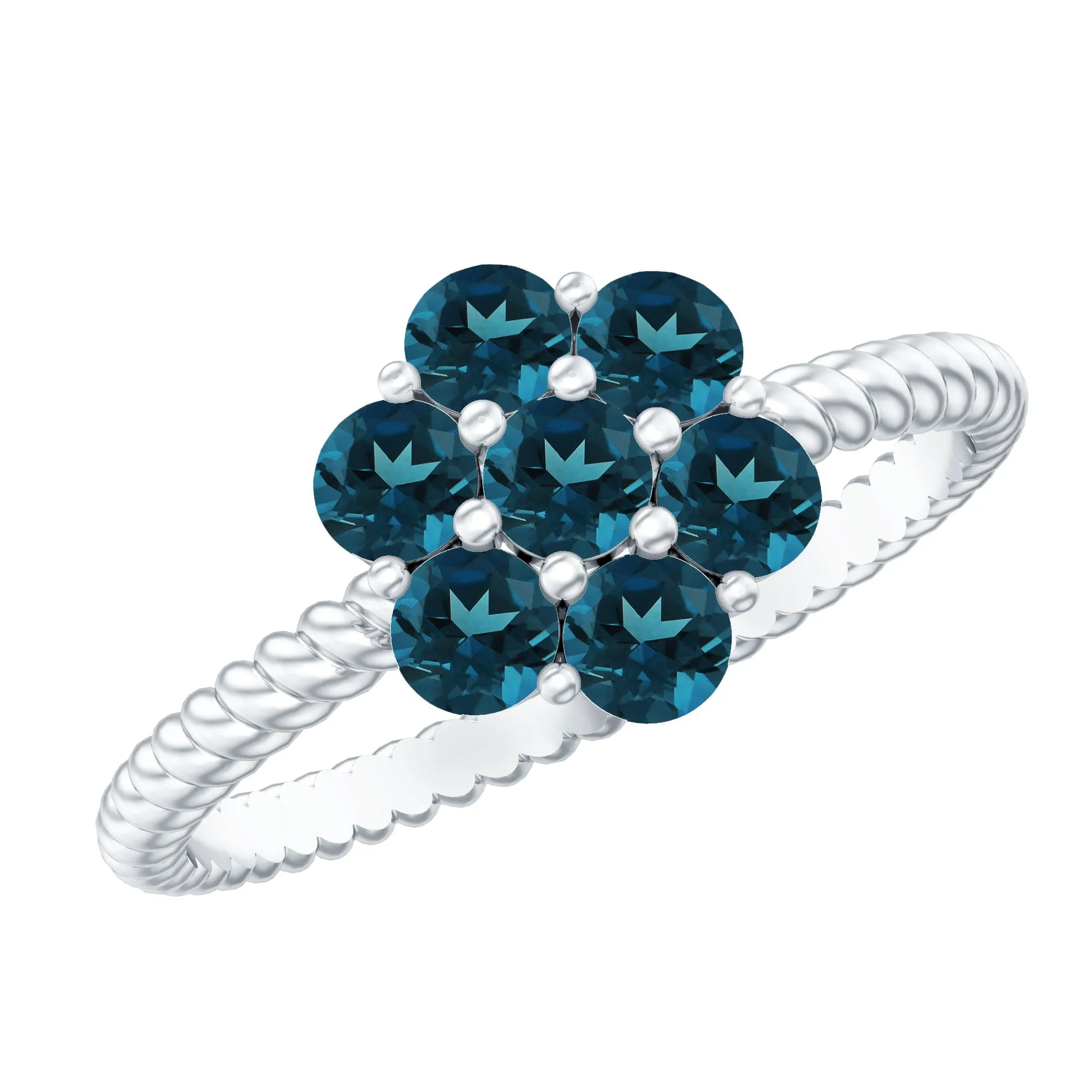 1.25 CT London Blue Topaz Floral Cluster Ring with Twisted Rope Details