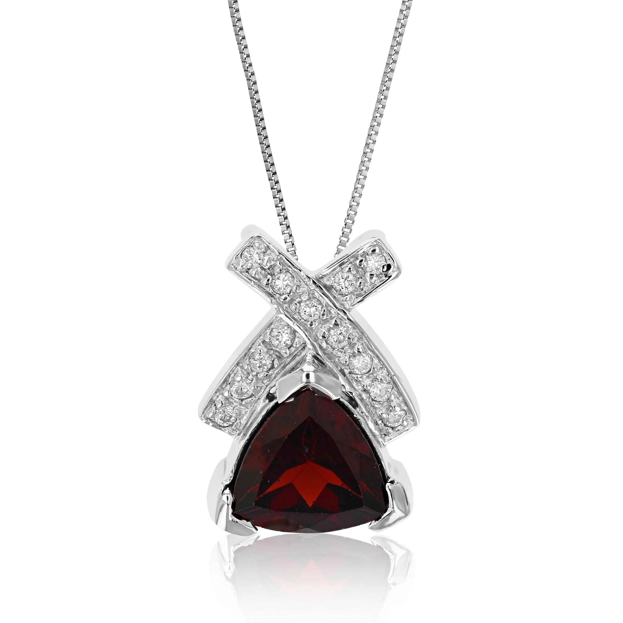 1.40 cttw Pendant Necklace, Garnet Trillion Shape Pendant Necklace for Women in .925 Sterling Silver with Rhodium, 18 Inch Chain, Prong Setting