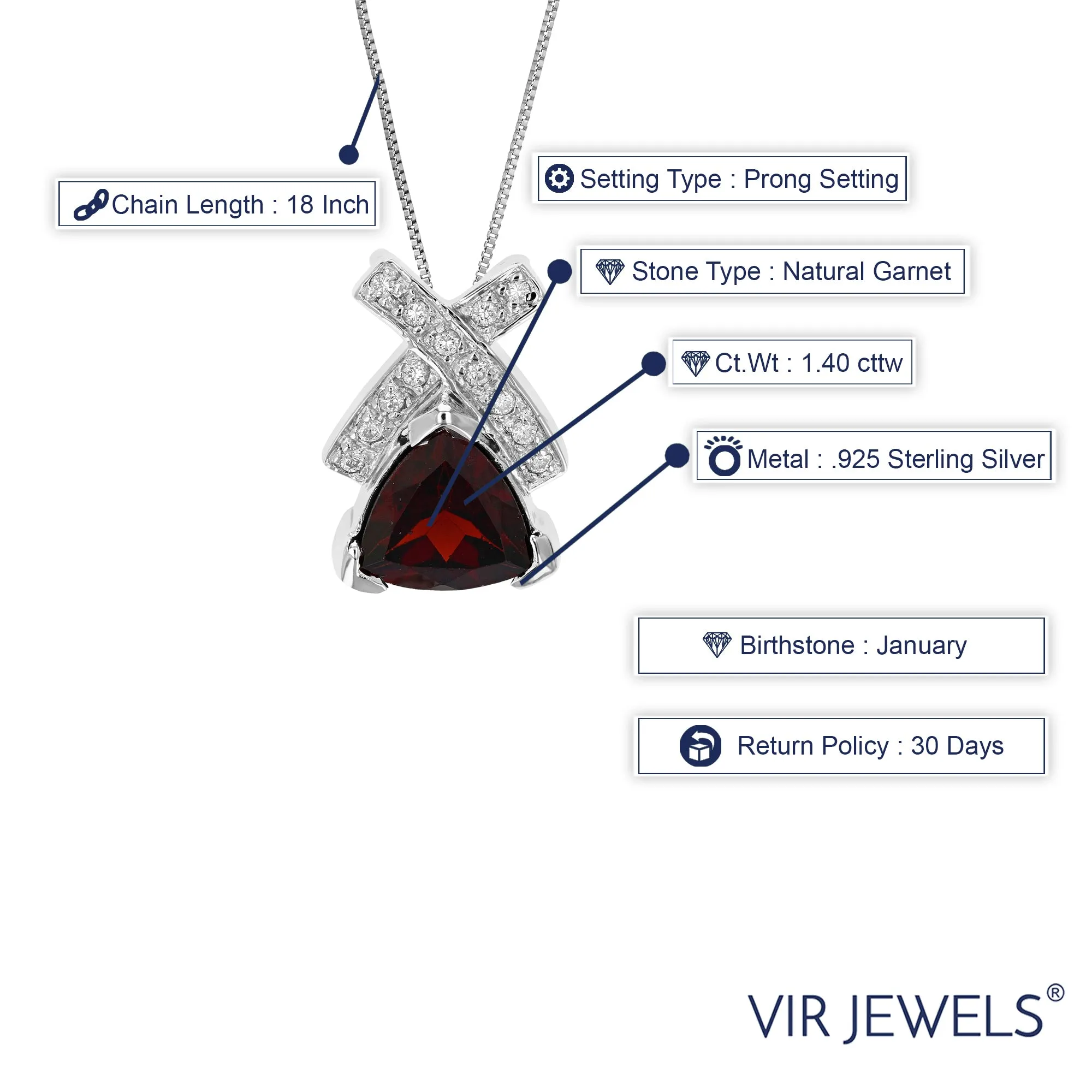 1.40 cttw Pendant Necklace, Garnet Trillion Shape Pendant Necklace for Women in .925 Sterling Silver with Rhodium, 18 Inch Chain, Prong Setting