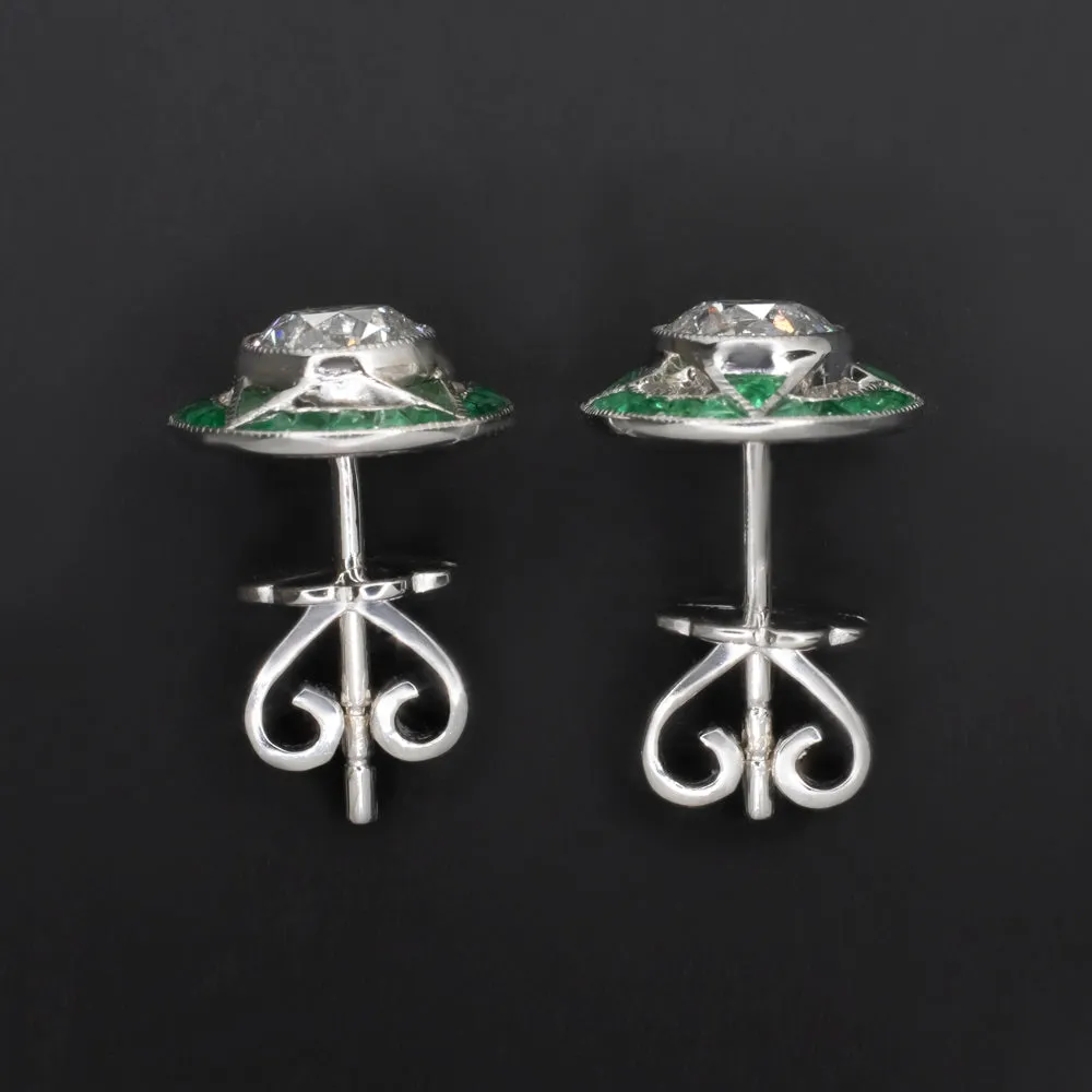 1.40ct DIAMOND EMERALD STUD EARRINGS VINTAGE STYLE TARGET CALIBRE NATURAL ROUND