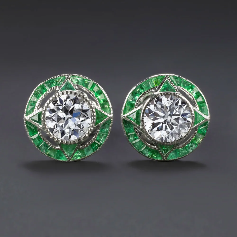 1.40ct DIAMOND EMERALD STUD EARRINGS VINTAGE STYLE TARGET CALIBRE NATURAL ROUND