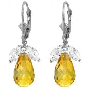 14.4 Carat 14K Solid White Gold Leverback Earrings Citrine White Topaz