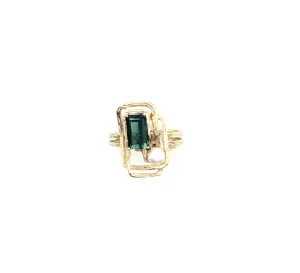 14k Yellow Gold Green Tourmaline and Pearl Double Rectangle Bark Ring