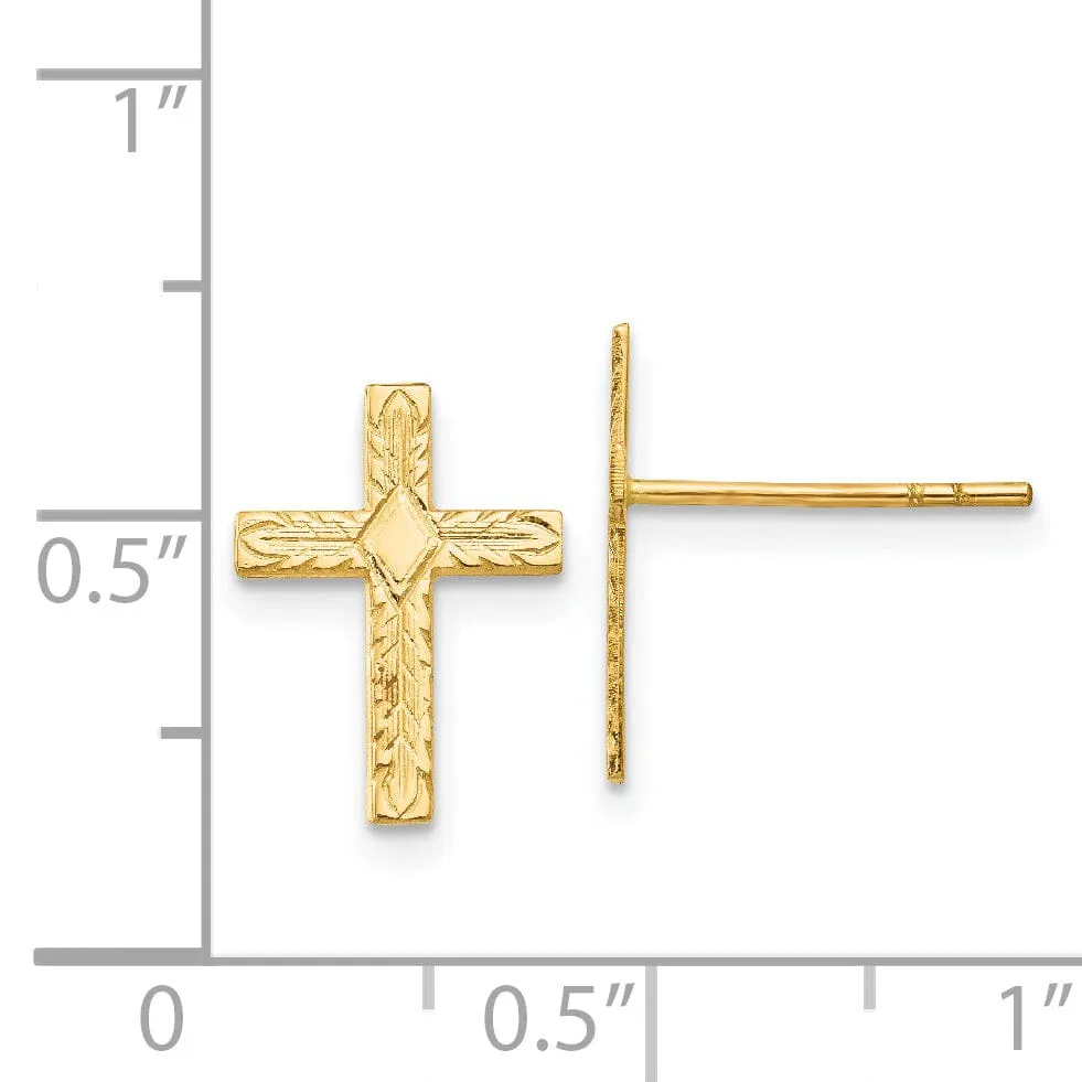 14k Yellow Gold Polished Textured Cross Earrings