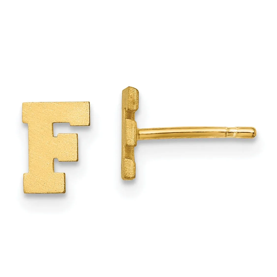 14K Yellow Gold Script Satin Brushed Finish Letter F Initial Earrings