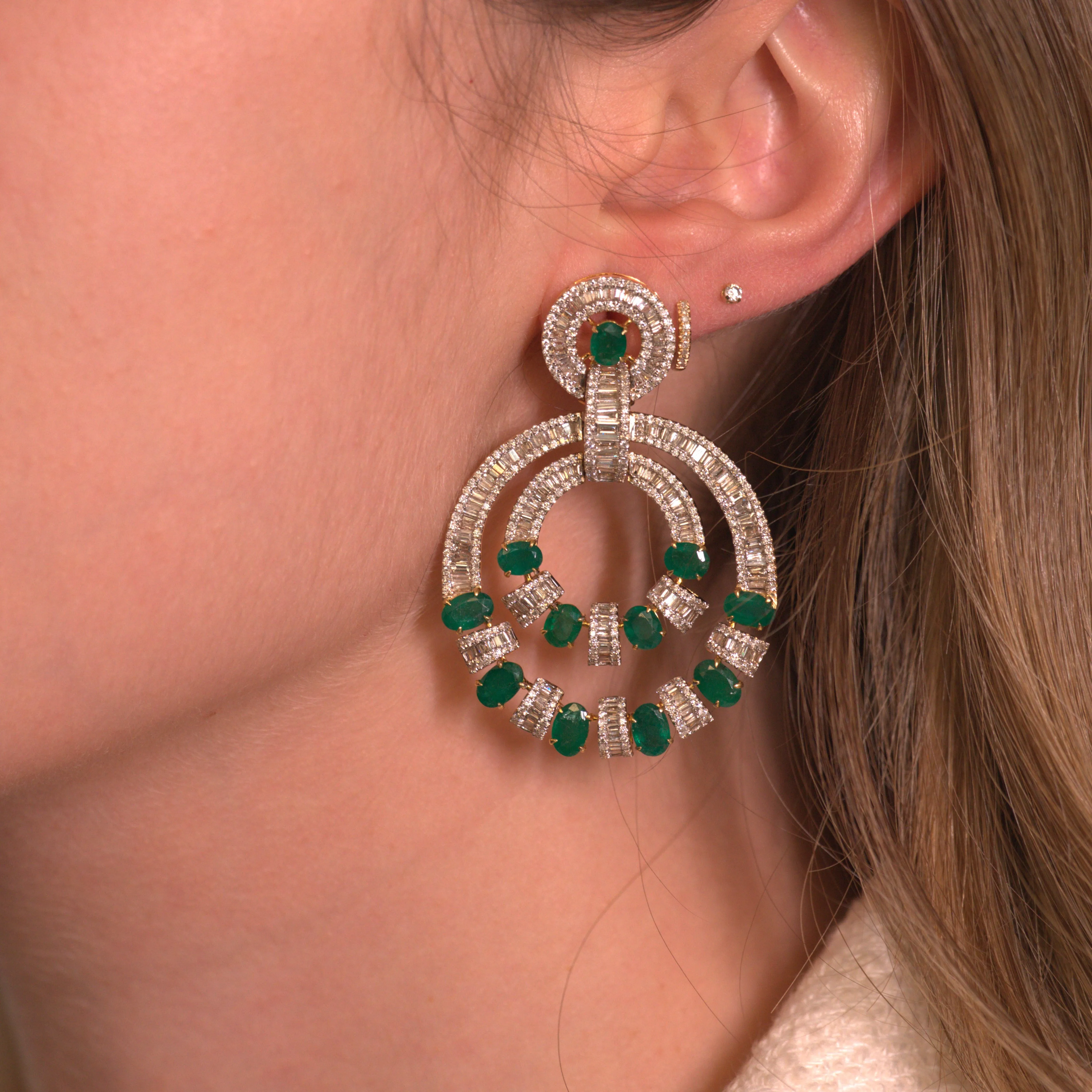 16.92ct Diamond Emerald 14K Gold Statement Earrings