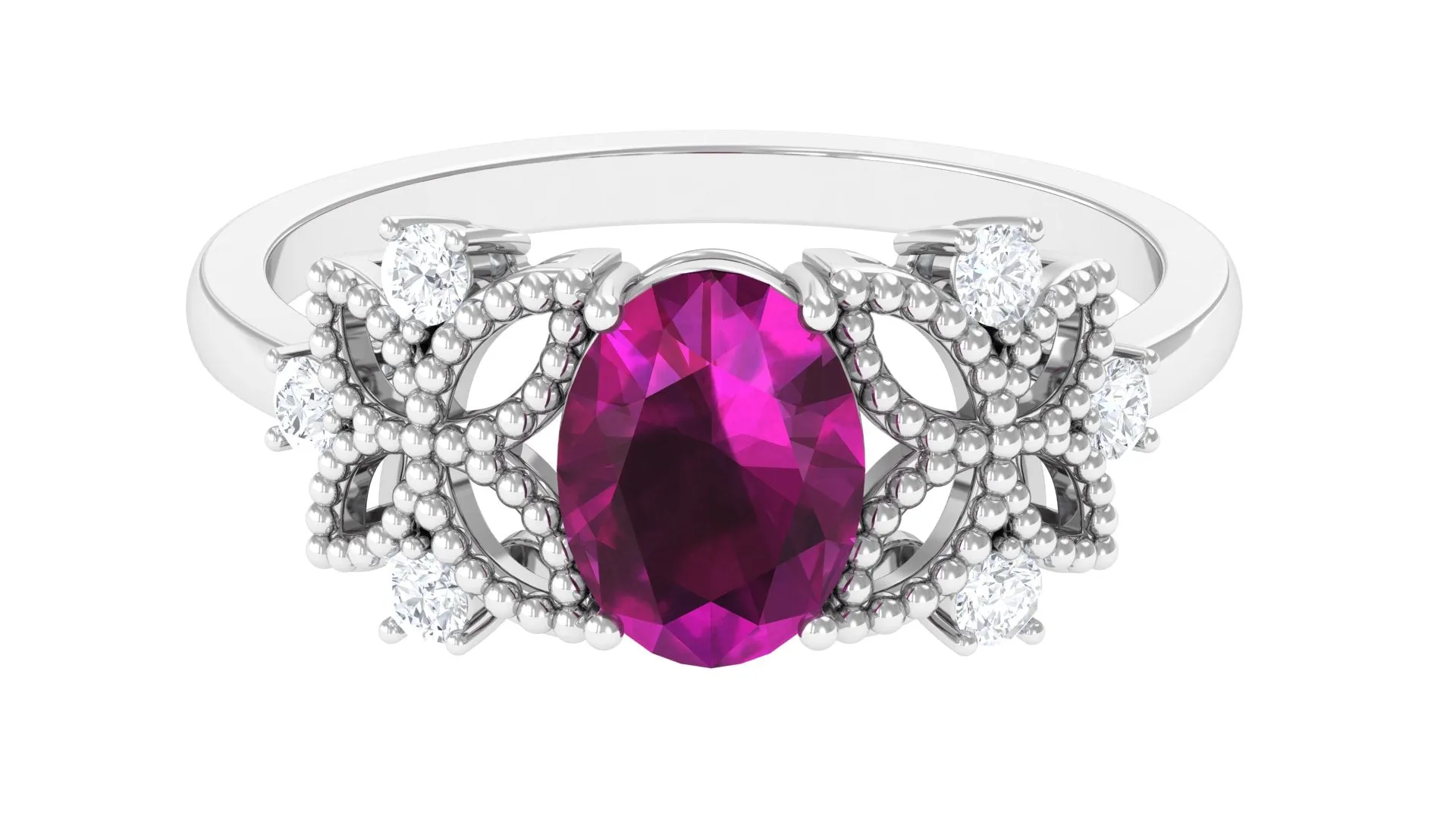 1.75 CT Oval Cut Rhodolite Solitaire Floral Ring with Diamond