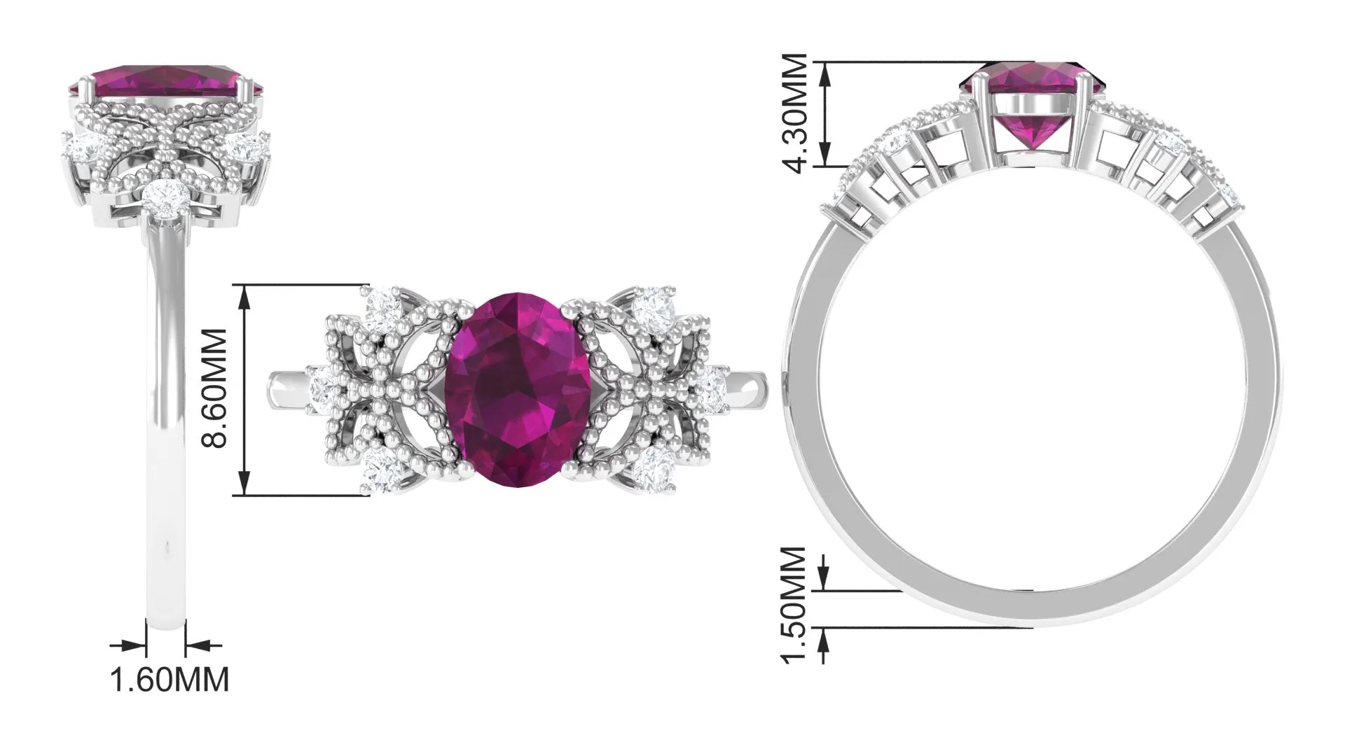 1.75 CT Oval Cut Rhodolite Solitaire Floral Ring with Diamond