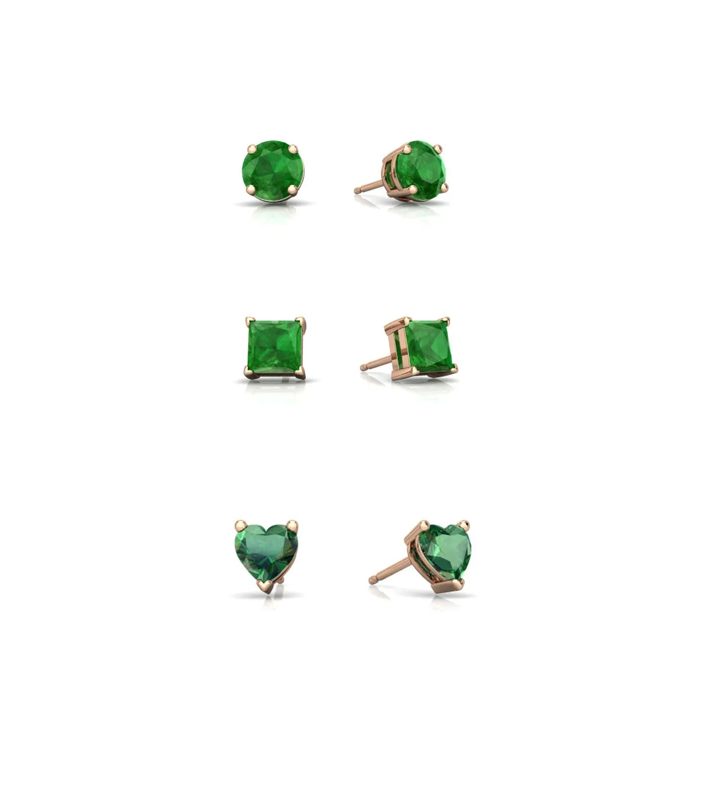 18k Rose Gold Plated 4Cttw Created Emerald 3 Pair Round, Square and Heart Stud Earrings