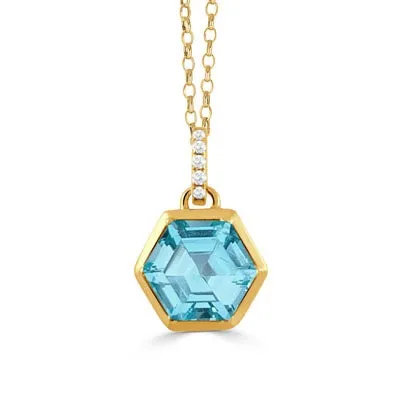 18K YELLOW GOLD DIAMOND PENDANT WITH SKY BLUE TOPAZ