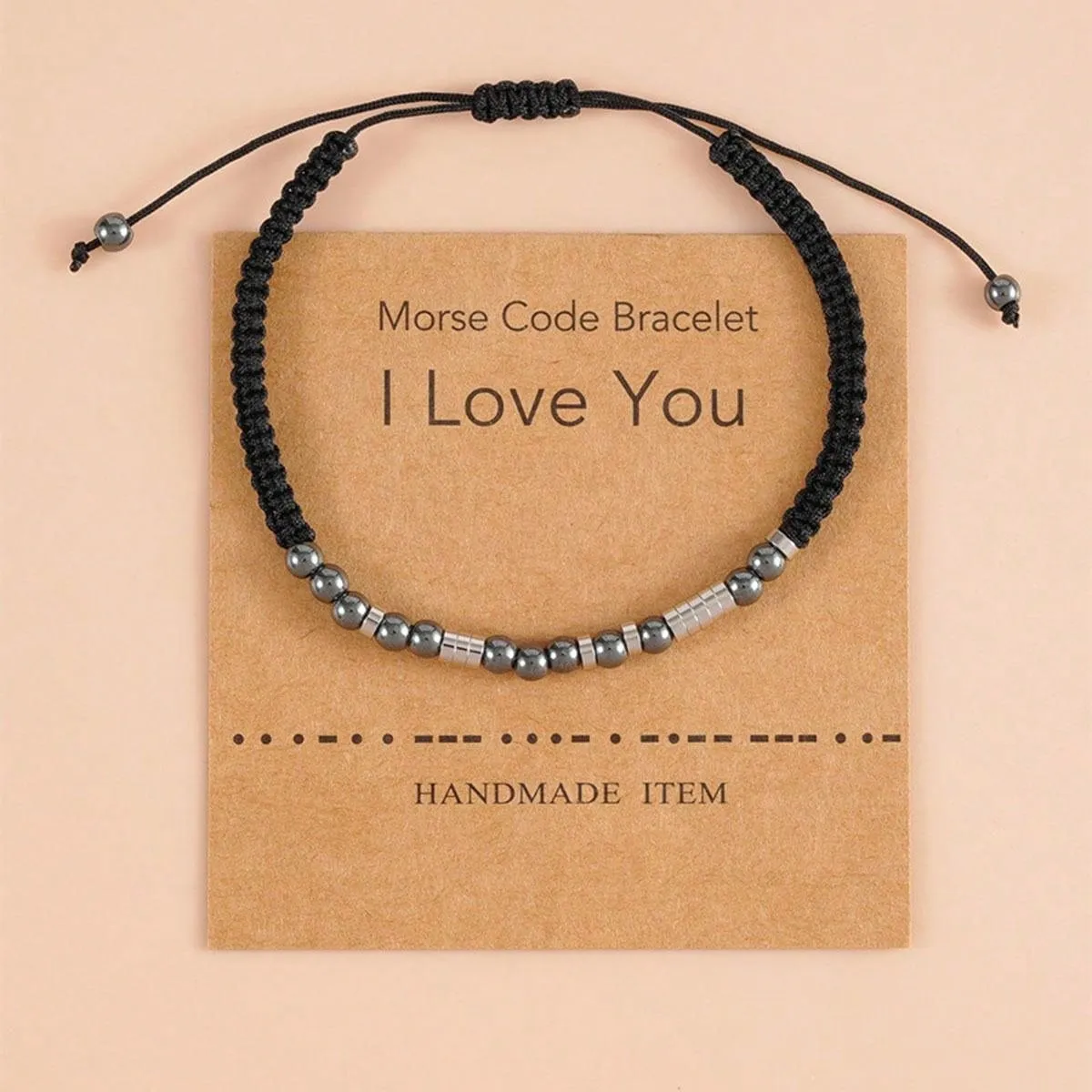 1pc Black Onyx Beaded Bracelet With Morse Code 'i Love You' Braided Rope