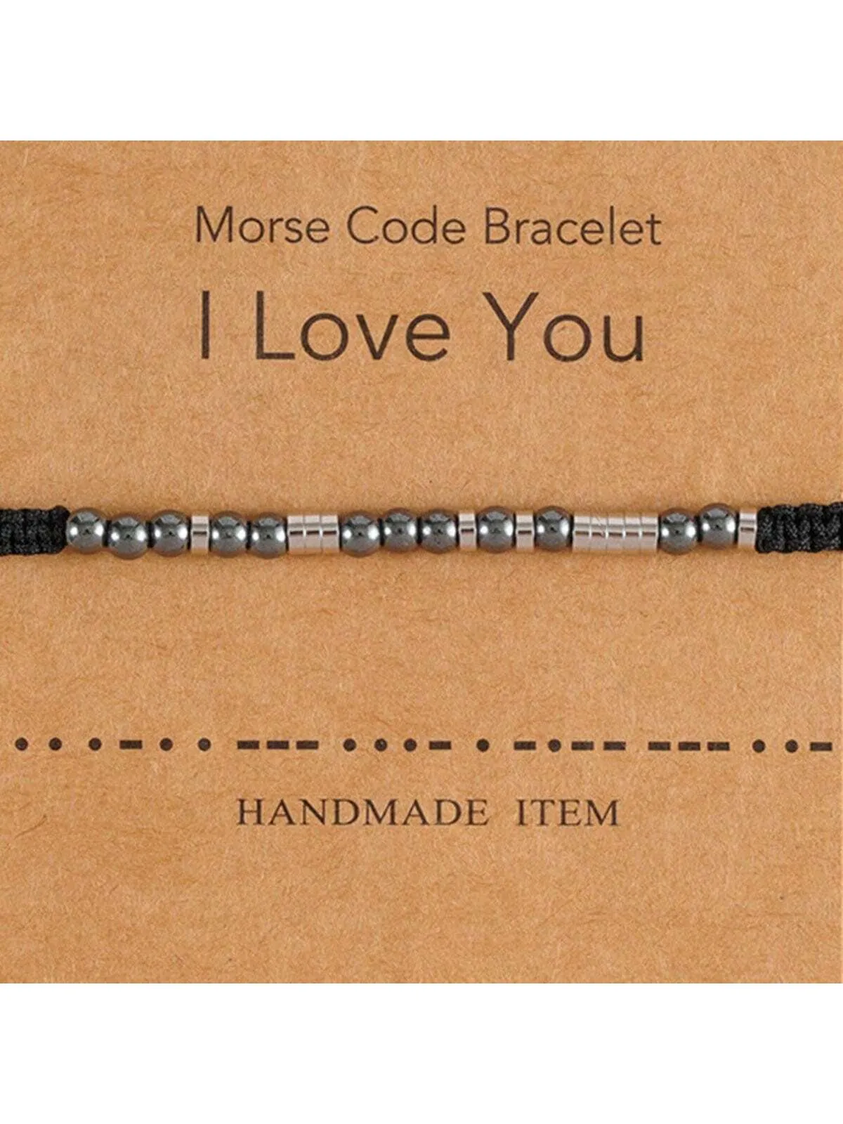 1pc Black Onyx Beaded Bracelet With Morse Code 'i Love You' Braided Rope