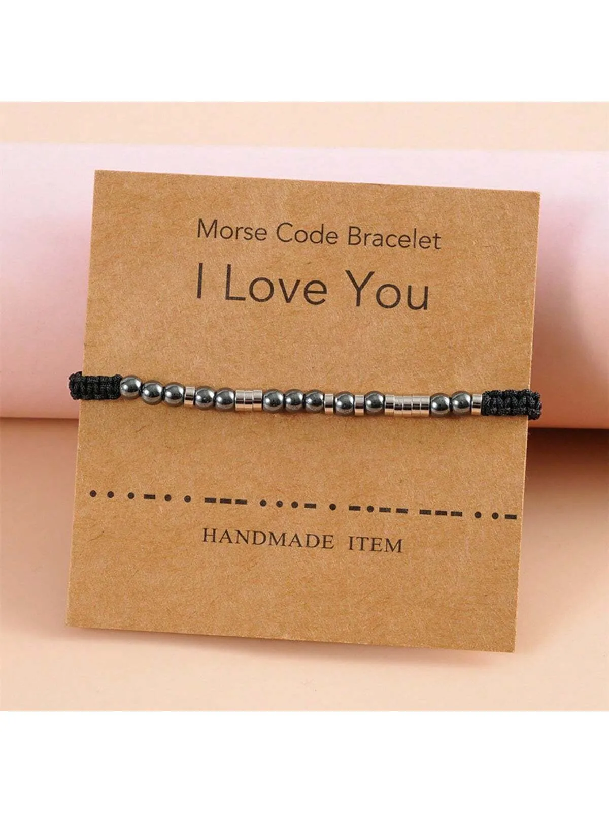 1pc Black Onyx Beaded Bracelet With Morse Code 'i Love You' Braided Rope