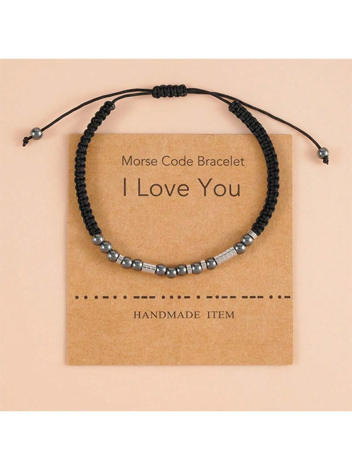 1pc Black Onyx Beaded Bracelet With Morse Code 'i Love You' Braided Rope