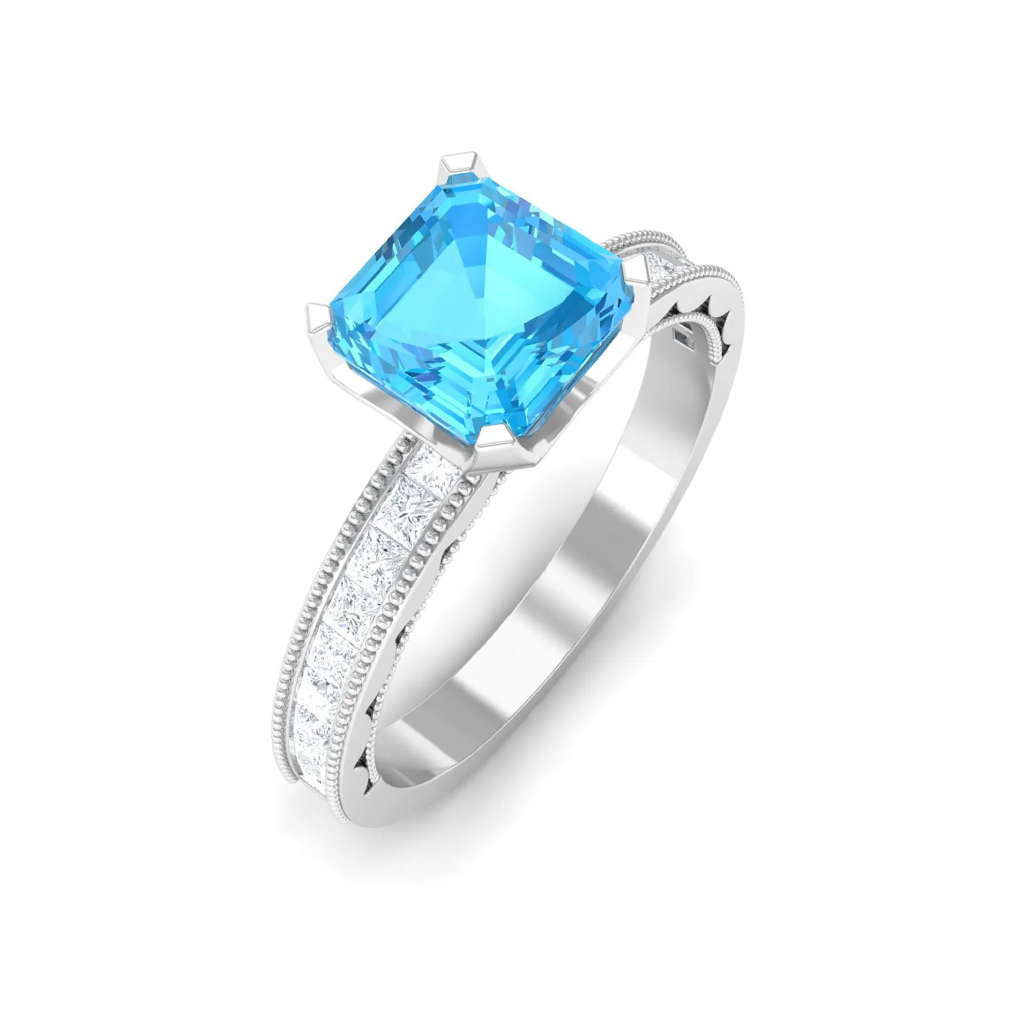 2 CT Swiss Blue Topaz Solitaire Ring with Princess Cut Moissanite Side Stones