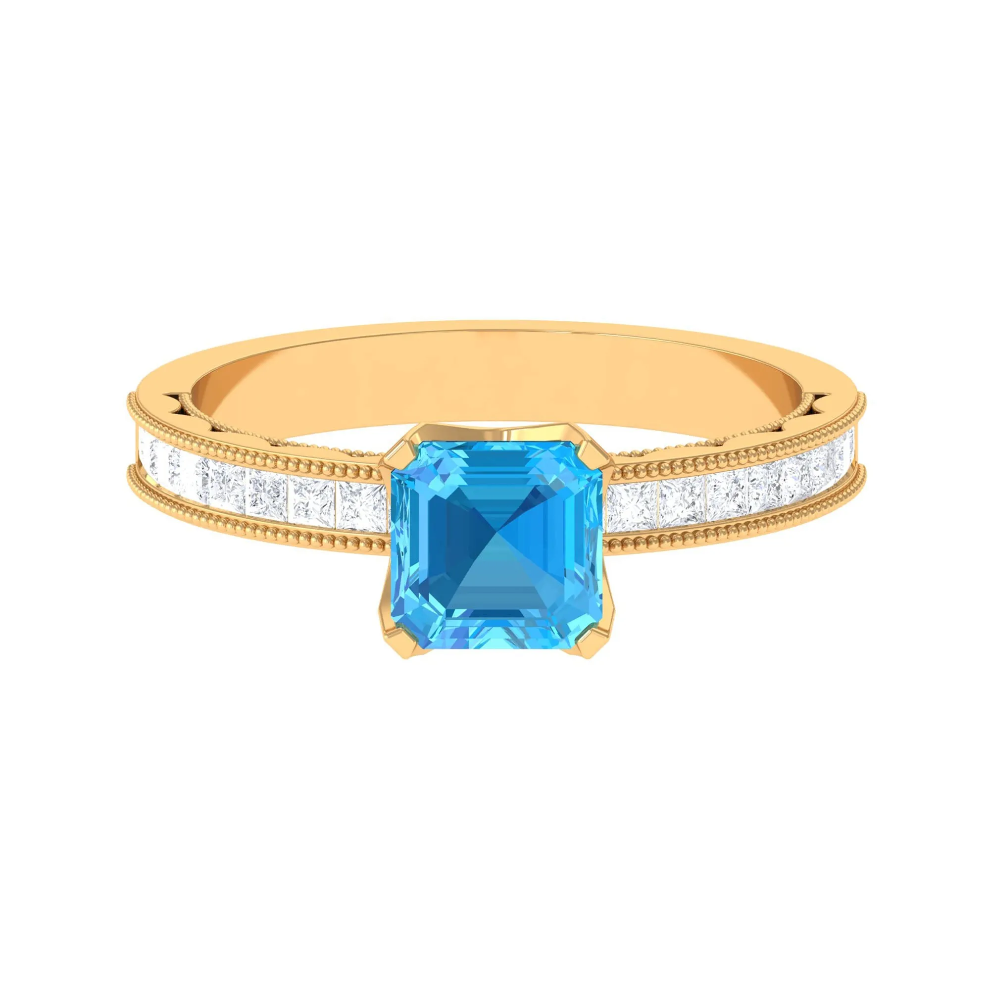 2 CT Swiss Blue Topaz Solitaire Ring with Princess Cut Moissanite Side Stones