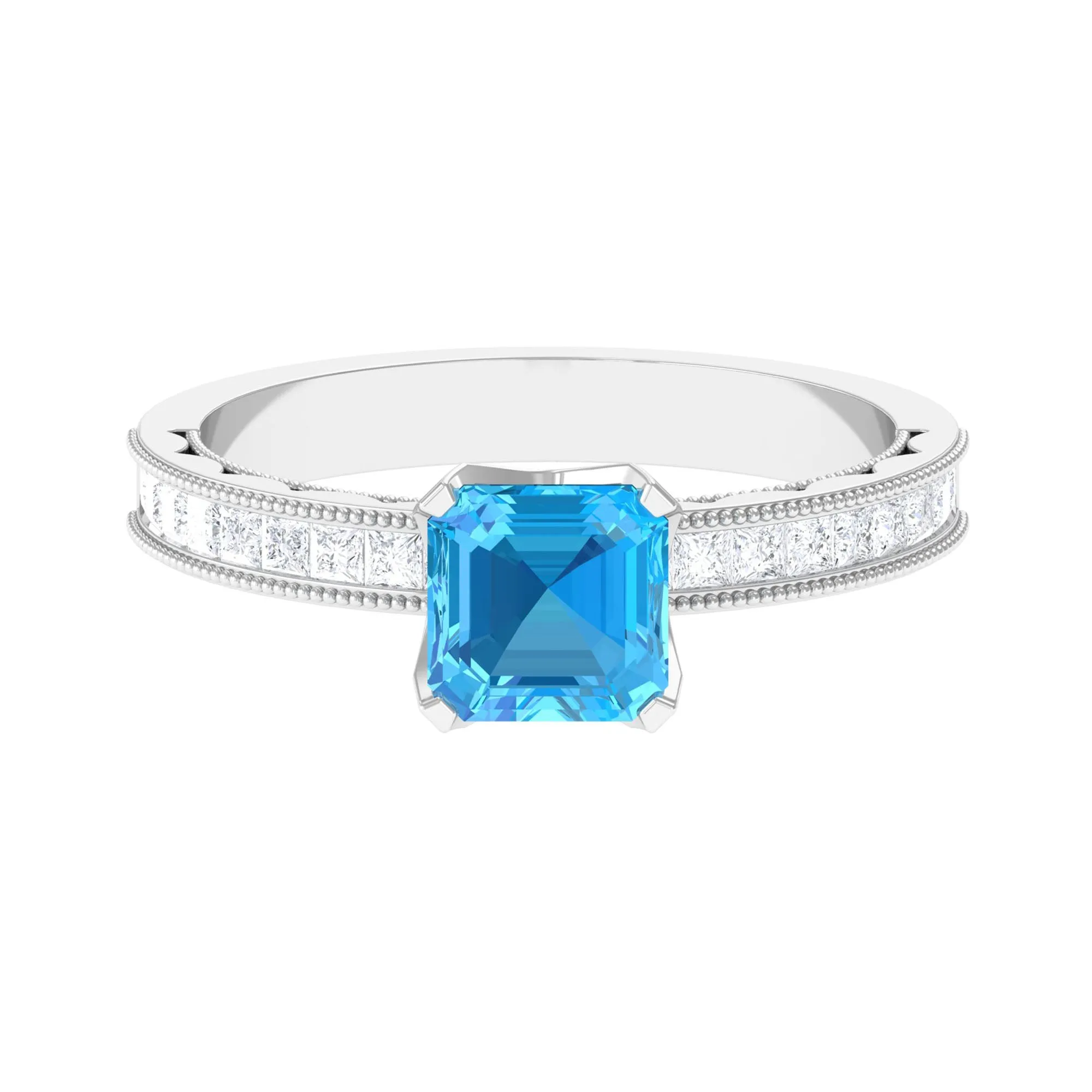 2 CT Swiss Blue Topaz Solitaire Ring with Princess Cut Moissanite Side Stones