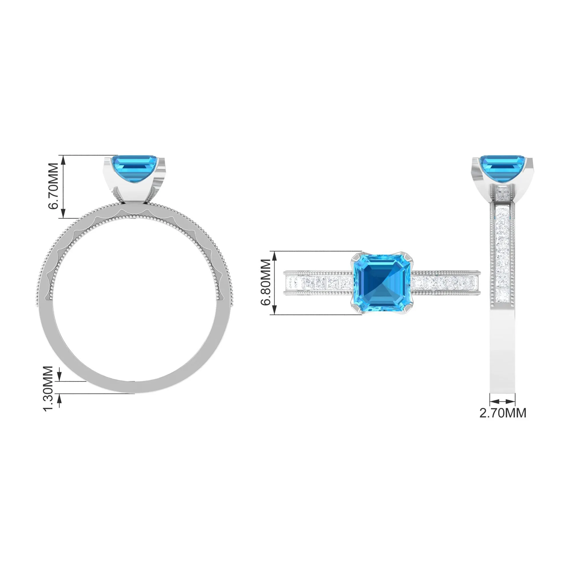 2 CT Swiss Blue Topaz Solitaire Ring with Princess Cut Moissanite Side Stones