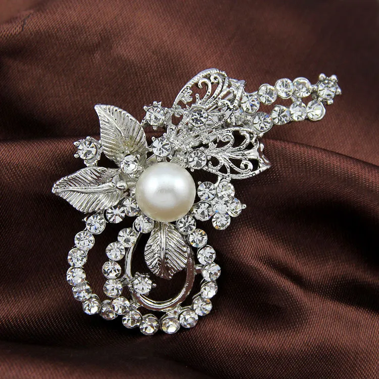 2023 Custom Wholesale Fashion Artificial Pearl Beads Silver Plated Crystal Flower Rhinestone Brooch For Women