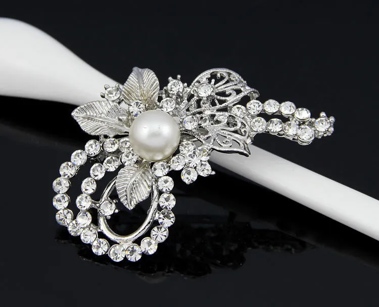 2023 Custom Wholesale Fashion Artificial Pearl Beads Silver Plated Crystal Flower Rhinestone Brooch For Women