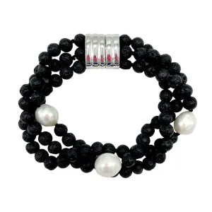 215-10 | 3-STRAND LAVA STONE & PEARL BRACELET