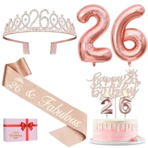 26th Birthday Sash and Tiara for Women Including Birthday Crown, 26 and Fabulous Sash, Candles and Cake Topper, Number 26 Balloons, 26th Birthday Gifts for Happy Birthday Party Favor Supplies