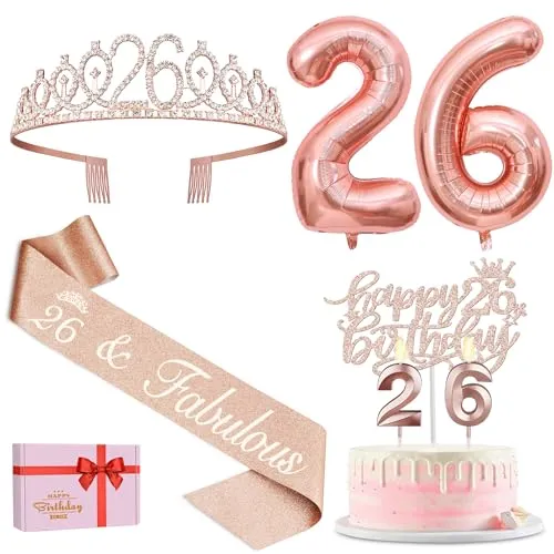 26th Birthday Sash and Tiara for Women Including Birthday Crown, 26 and Fabulous Sash, Candles and Cake Topper, Number 26 Balloons, 26th Birthday Gifts for Happy Birthday Party Favor Supplies