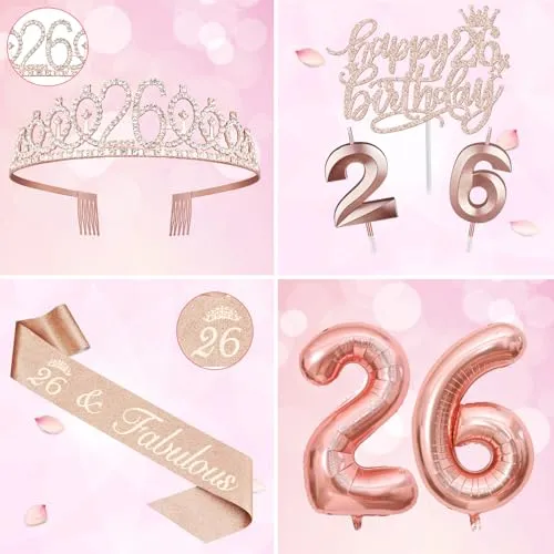 26th Birthday Sash and Tiara for Women Including Birthday Crown, 26 and Fabulous Sash, Candles and Cake Topper, Number 26 Balloons, 26th Birthday Gifts for Happy Birthday Party Favor Supplies