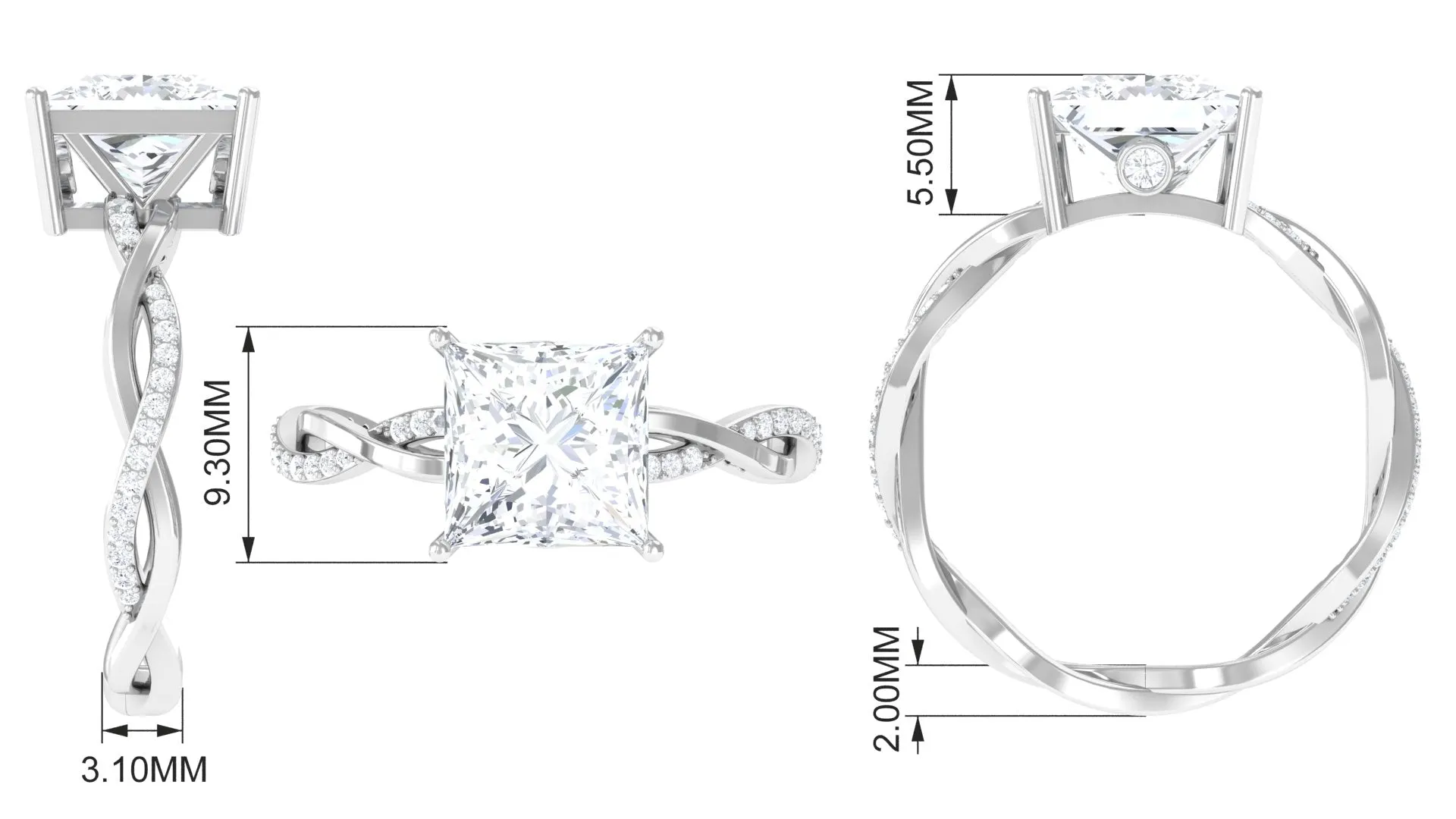 3 CT Princess Cut Solitaire Moissanite Braided Ring in Prong Setting and Hidden Style