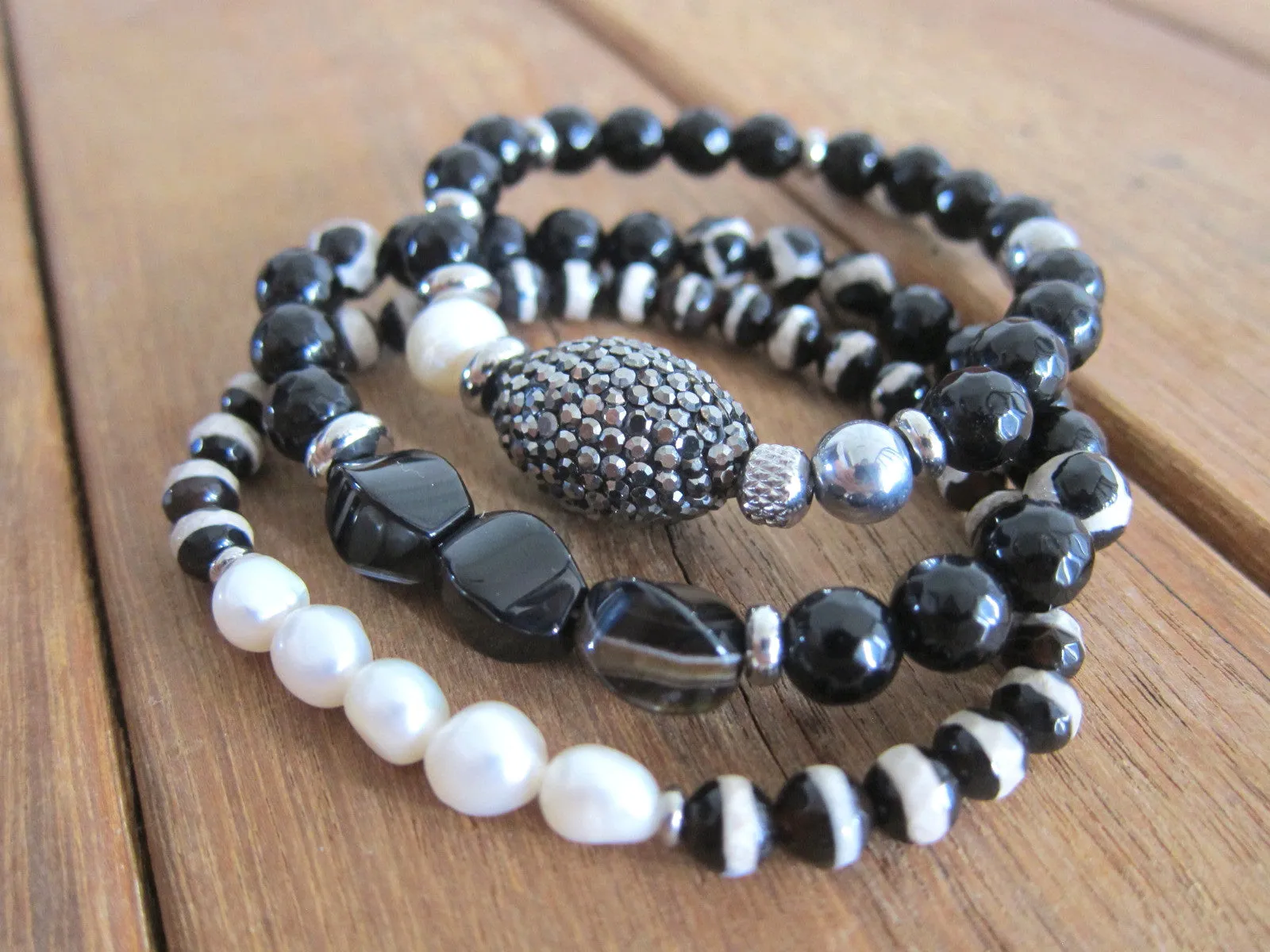 3 piece set - Black Onyx, Agate, Baroque Freshwater Pearl Energy Mala Bracelets