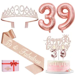 39th Birthday Decorations for Women with 39th Birthday Sash and Crown, Number 39 Candles and Cake Topper, Rose Gold 39 Balloons, 39 Birthday Gifts for Women Birthday Decorations Favor Supplies