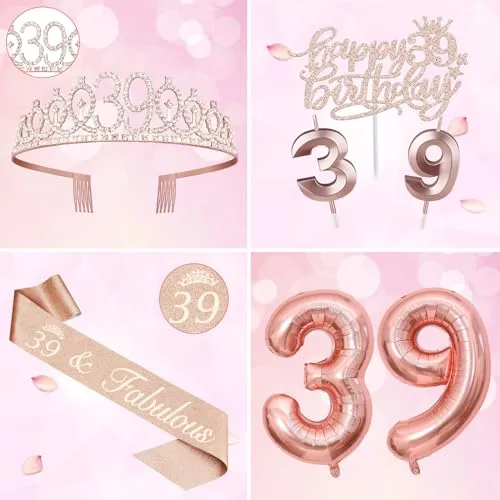 39th Birthday Decorations for Women with 39th Birthday Sash and Crown, Number 39 Candles and Cake Topper, Rose Gold 39 Balloons, 39 Birthday Gifts for Women Birthday Decorations Favor Supplies