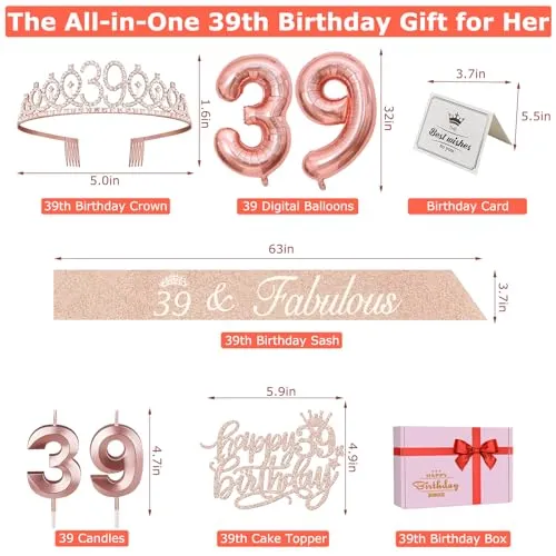 39th Birthday Decorations for Women with 39th Birthday Sash and Crown, Number 39 Candles and Cake Topper, Rose Gold 39 Balloons, 39 Birthday Gifts for Women Birthday Decorations Favor Supplies