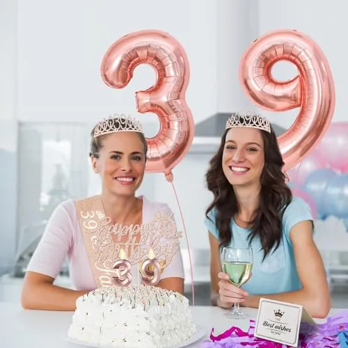 39th Birthday Decorations for Women with 39th Birthday Sash and Crown, Number 39 Candles and Cake Topper, Rose Gold 39 Balloons, 39 Birthday Gifts for Women Birthday Decorations Favor Supplies