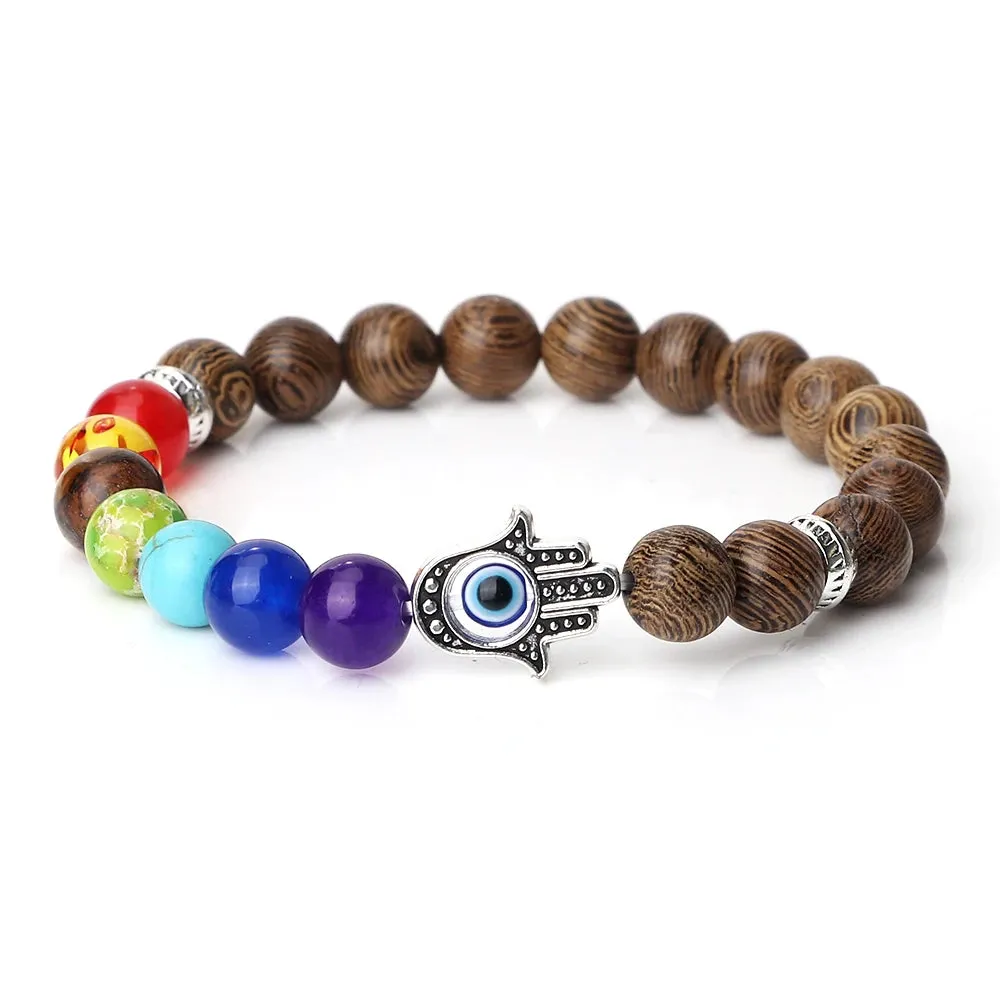 7 Chakra Bracelets Men Natural Tiger Eye Stone Lava Onyx Agates Beads Bracelet Turkish Evil Eye Hand Of Fatima Jewelry Bangles