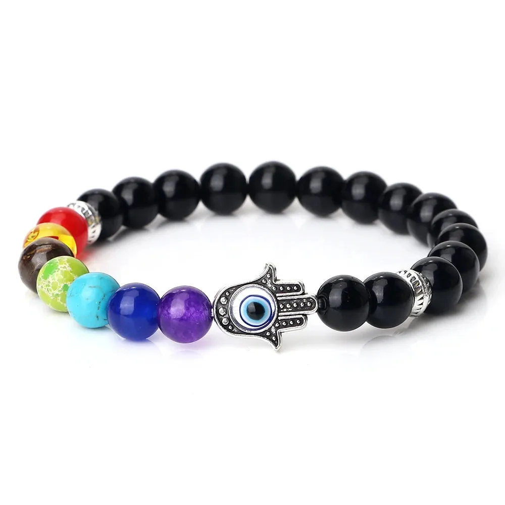 7 Chakra Bracelets Men Natural Tiger Eye Stone Lava Onyx Agates Beads Bracelet Turkish Evil Eye Hand Of Fatima Jewelry Bangles