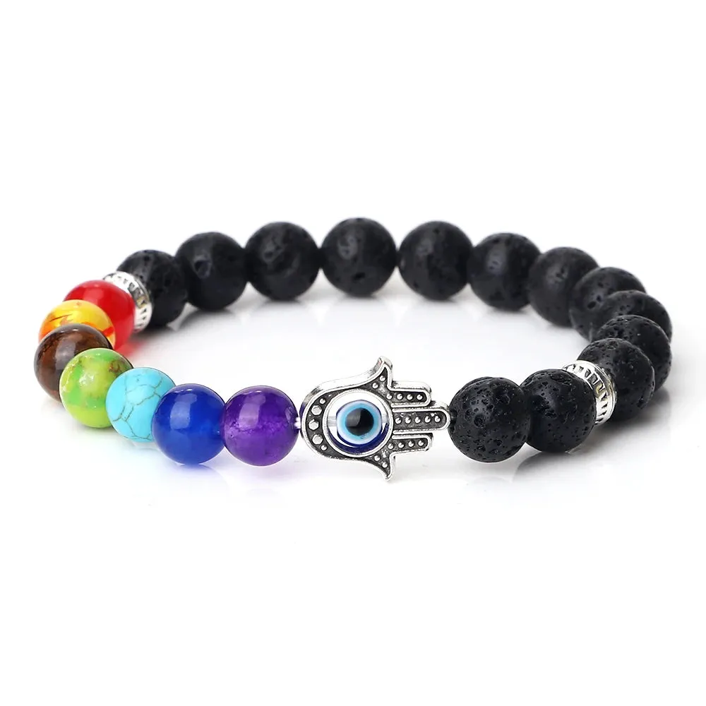 7 Chakra Bracelets Men Natural Tiger Eye Stone Lava Onyx Agates Beads Bracelet Turkish Evil Eye Hand Of Fatima Jewelry Bangles