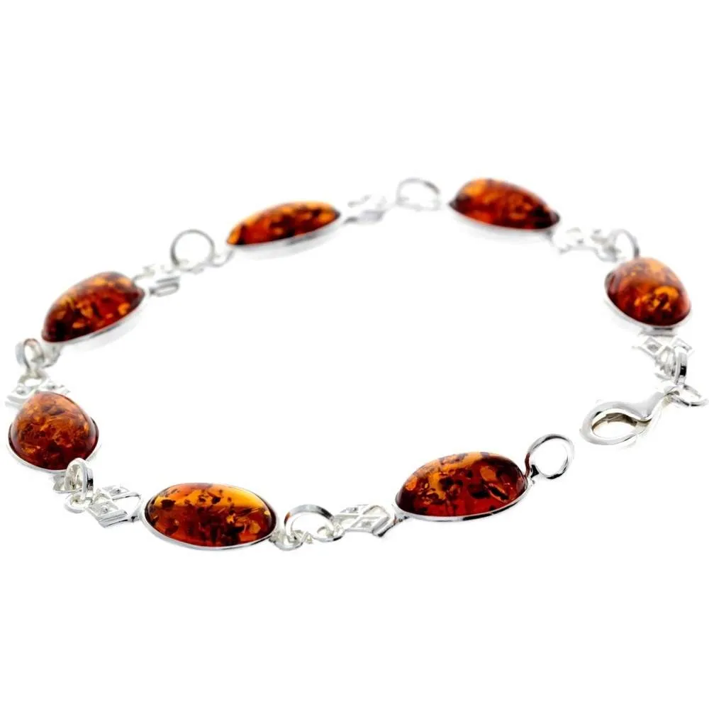 925 Sterling Silver & Genuine Baltic Amber Link Bracelet - 3233