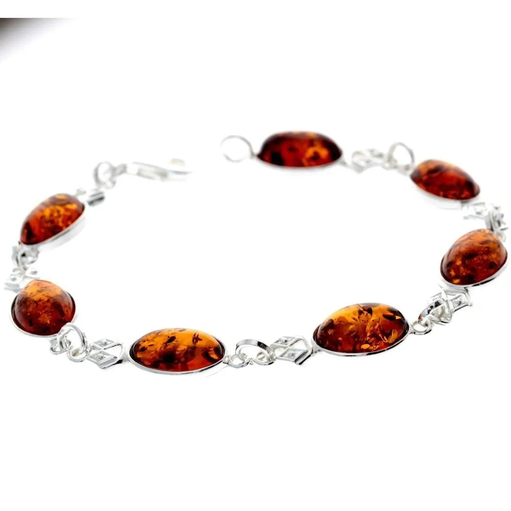 925 Sterling Silver & Genuine Baltic Amber Link Bracelet - 3233