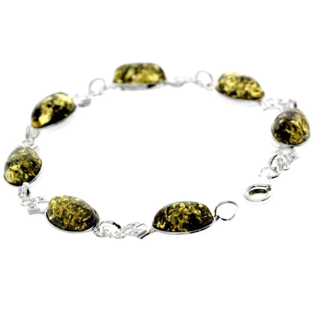 925 Sterling Silver & Genuine Baltic Amber Link Bracelet - 3233