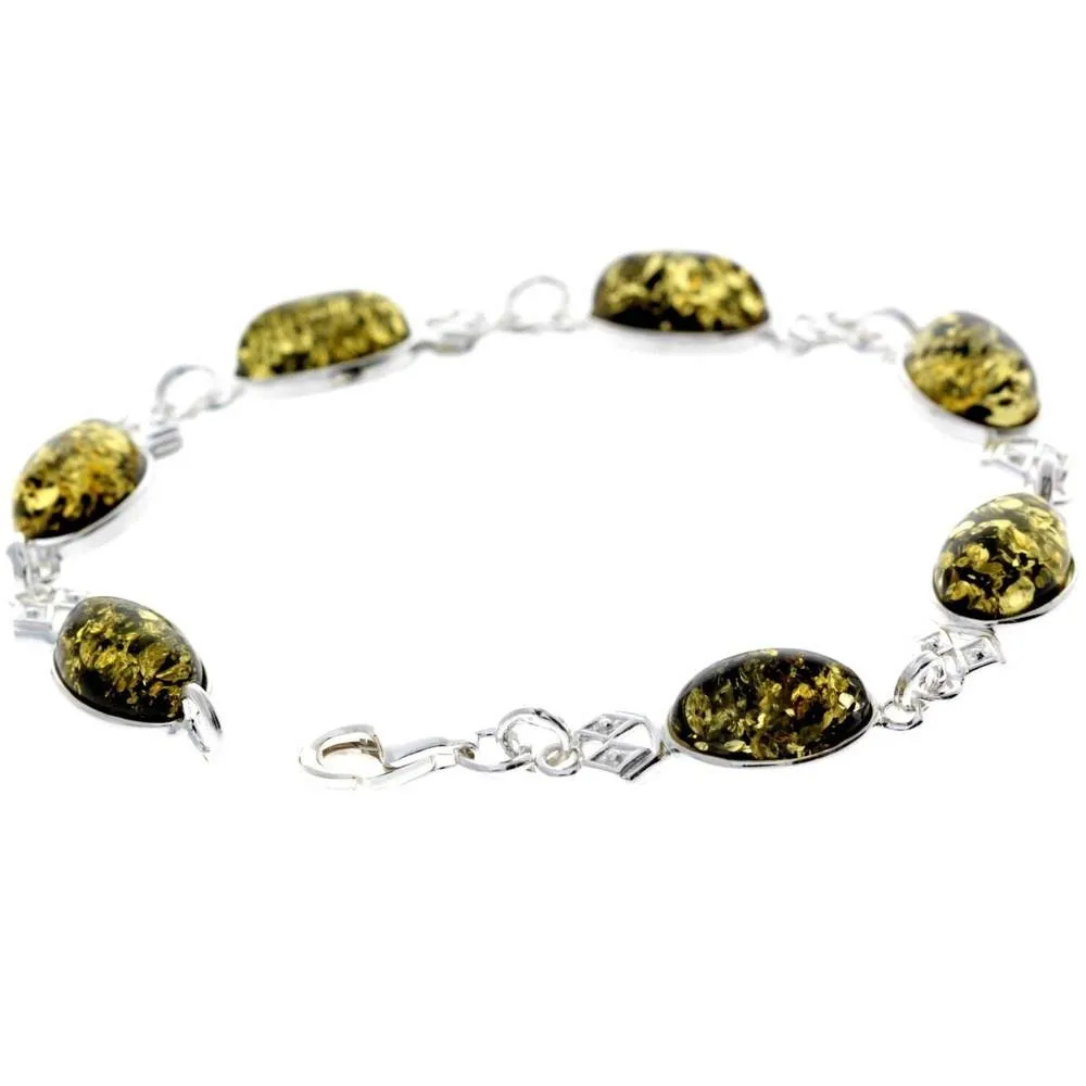 925 Sterling Silver & Genuine Baltic Amber Link Bracelet - 3233