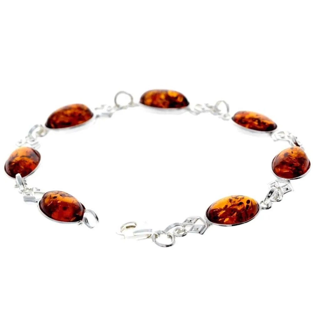 925 Sterling Silver & Genuine Baltic Amber Link Bracelet - 3233